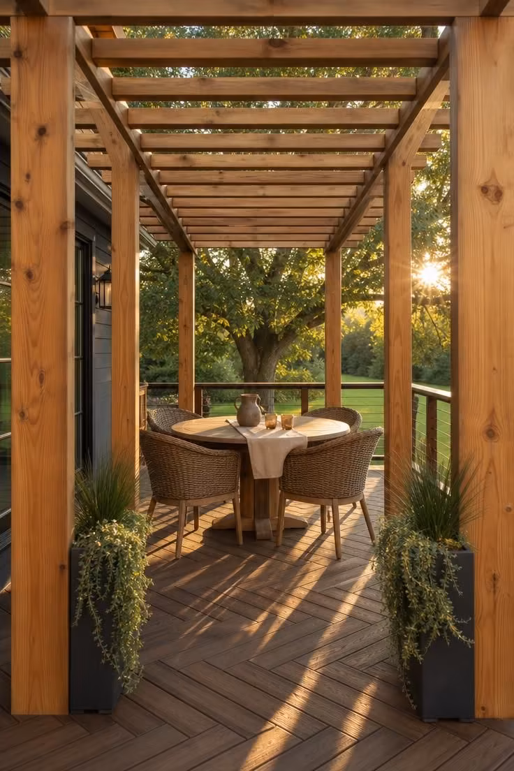 Cedar post pergola over herringbone composite deck with warm afternoon light and a casual dining setup