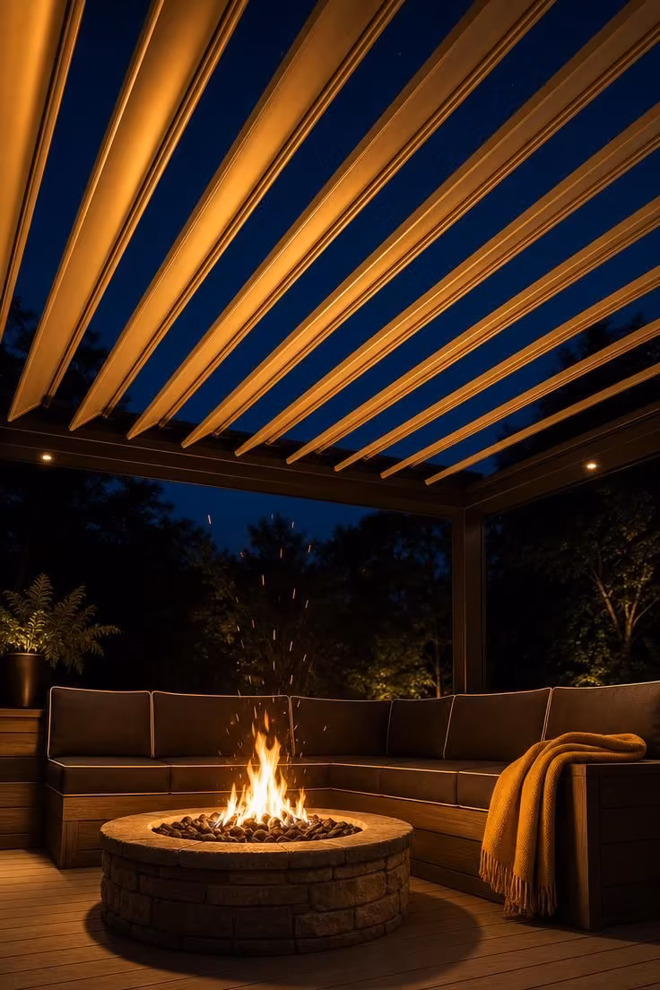 Close-up of louvered pergola slats with golden firepit glow from below and a built-in bench with charcoal cushions