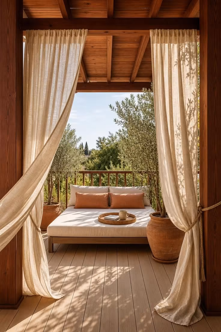 Threshold view through linen curtains on a honey-stained redwood pergola with a daybed and olive trees beyond