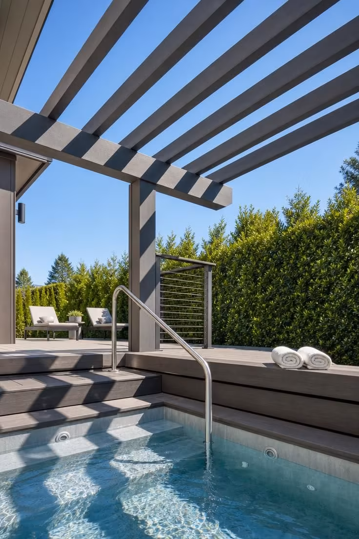 View from inside a hot tub looking up through cantilevered pergola beams with bright midday light and geometric shadows