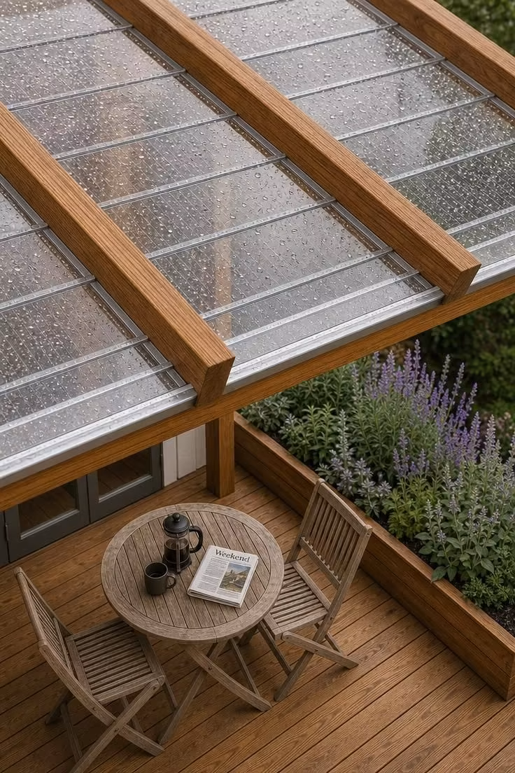 Overhead view of polycarbonate panels between teak pergola rafters with raindrops beading on the surface and a dry bistro table below