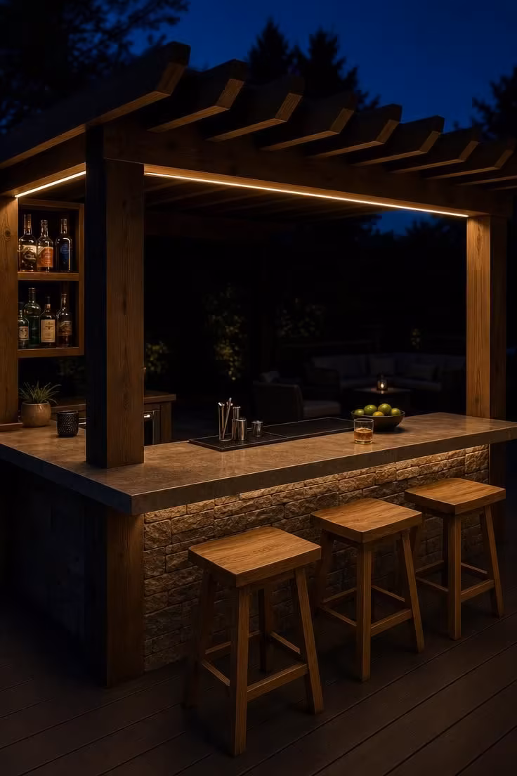 Bar-stool view of a corner pergola framing a stone-top outdoor bar with under-rafter LED strip lighting at dusk