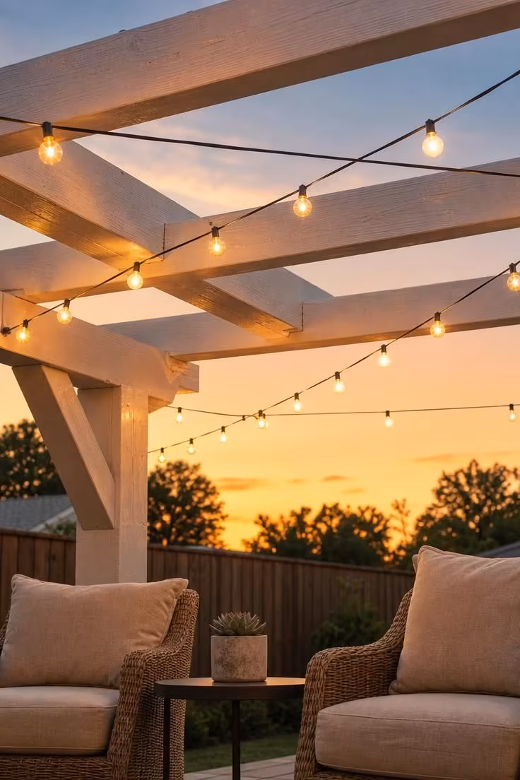 Close-up of zigzag string lights under white-painted pine pergola beams at golden hour with lounge chairs below