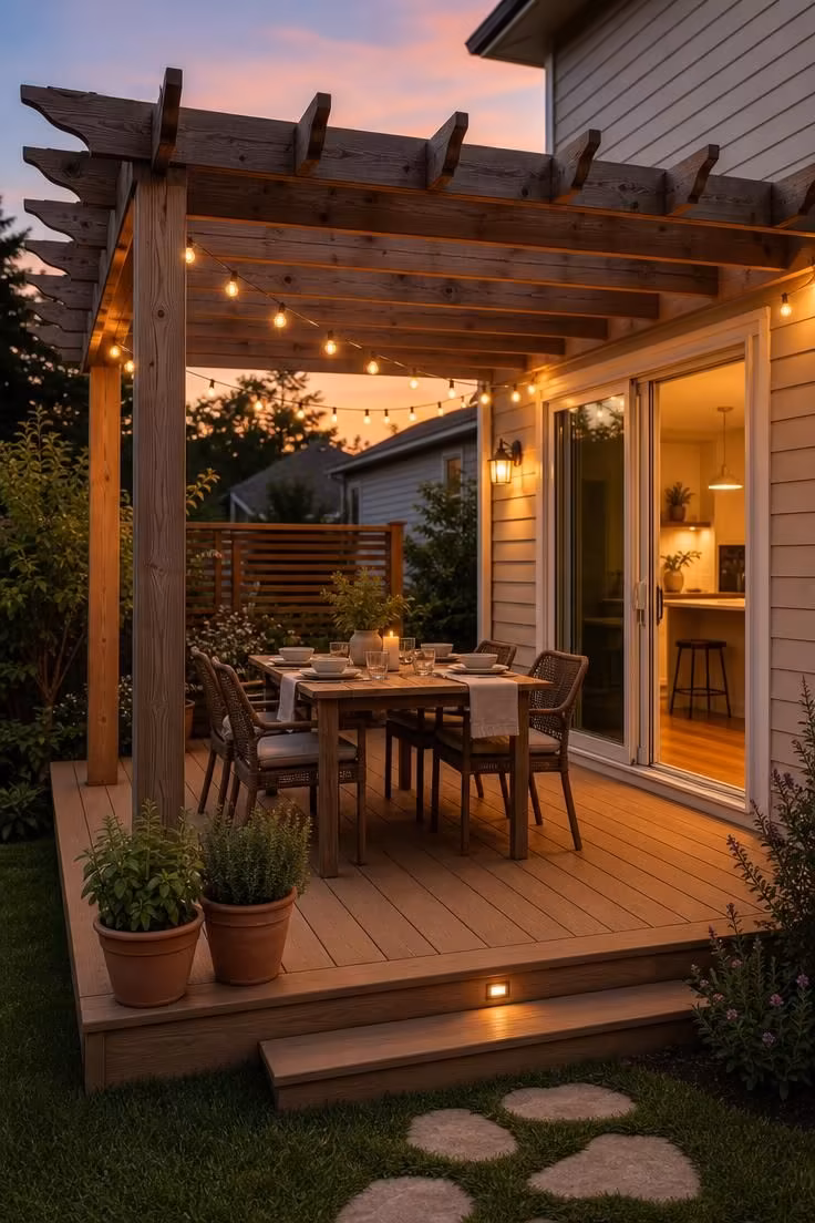 Simple Spaces 18 Charming deck with pergola featuring natural wood beams, string lights, and a simple dining setup at golden hour