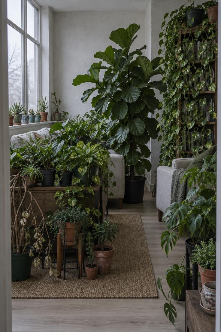 A wide view of a crowded living room with plants covering every surface in mismatched plastic containers, blocking a walkway and obscuring furniture.