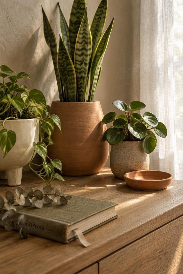 A close-up of three plants in clay, stoneware, and cream ceramic containers on a wooden console, lit by soft light through a sheer curtain.