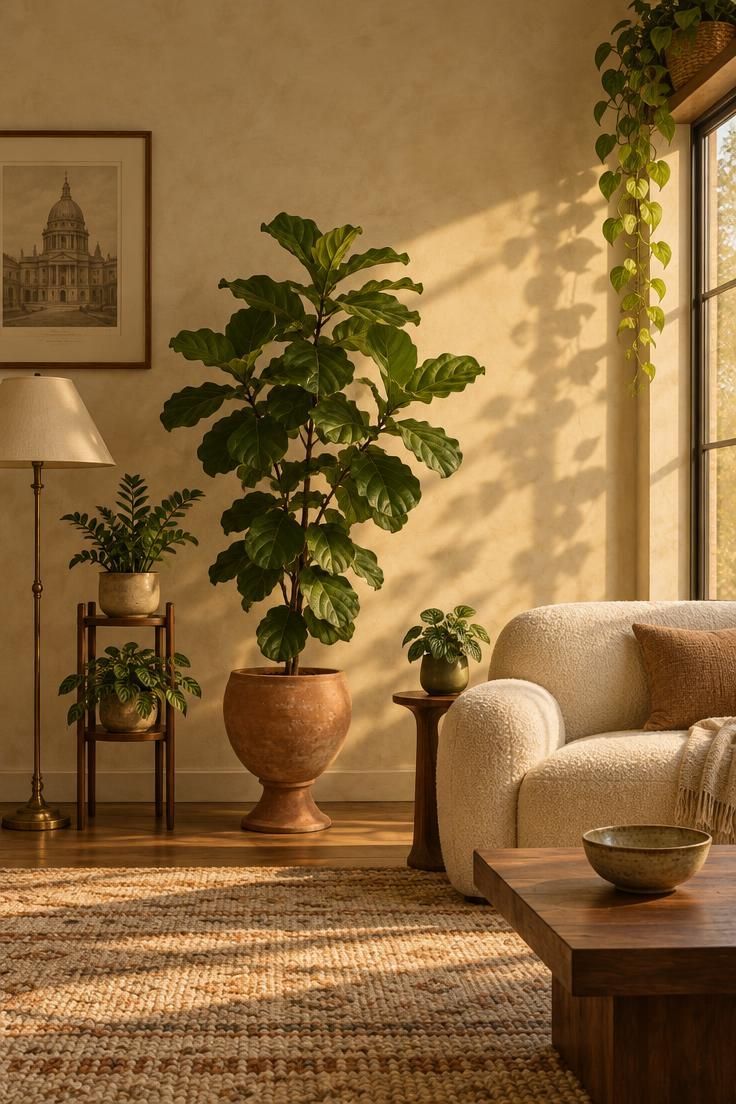 A living room corner at eye level with one large fiddle-leaf fig beside a cream sofa, two medium plants on a stand, and a trailing pothos above, all in warm late light.