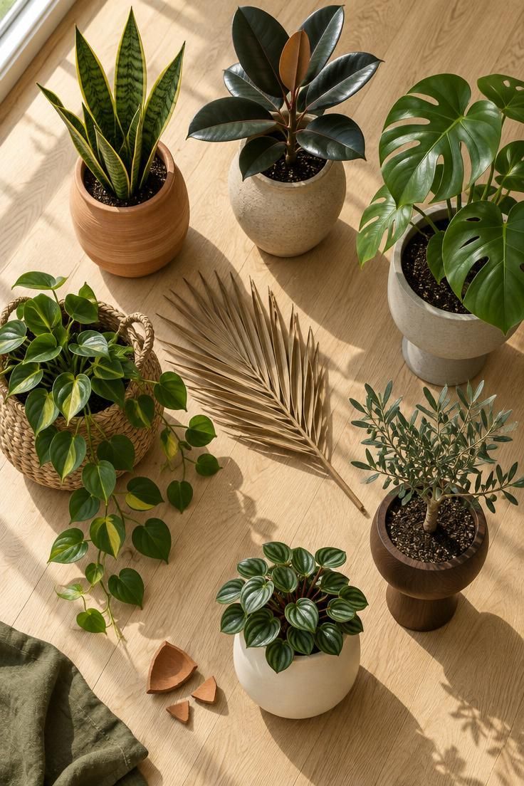An overhead view of terracotta, stoneware, concrete, seagrass, walnut, and cream ceramic planters arranged loosely on pale oak flooring in bright midday light.