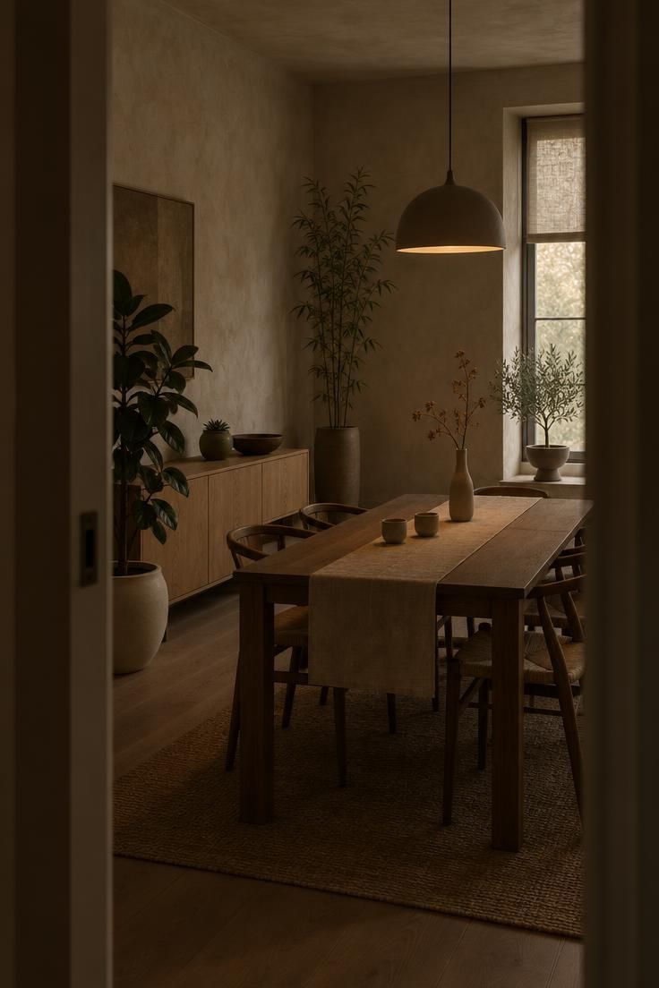A view through a doorway into a Japandi dining room with a ficus, bamboo-like plant, and small olive tree in matte ceramic containers under warm low light.