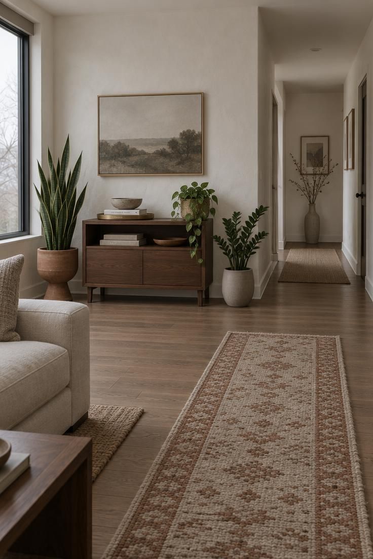 A wide view of a living room entry with a snake plant in terracotta anchoring a corner, a ZZ plant on the floor, and a pothos on a console, all leaving a clear walkway.