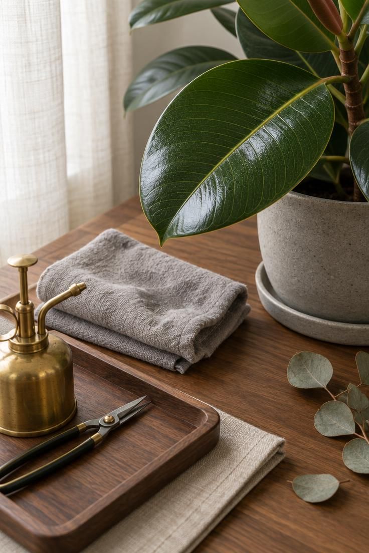 A close-up of a damp cloth and rubber plant leaf on a wooden table with brass tools and a stoneware saucer in soft diffused light.