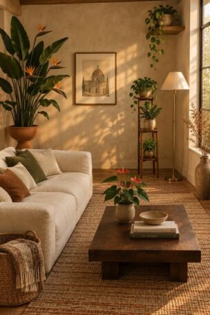 A warm late-afternoon living room with one large bird of paradise in a terracotta pedestal planter, two medium plants on a walnut stand, a small anthurium, and a trailing pothos, all arranged around a cream sofa and a framed print.