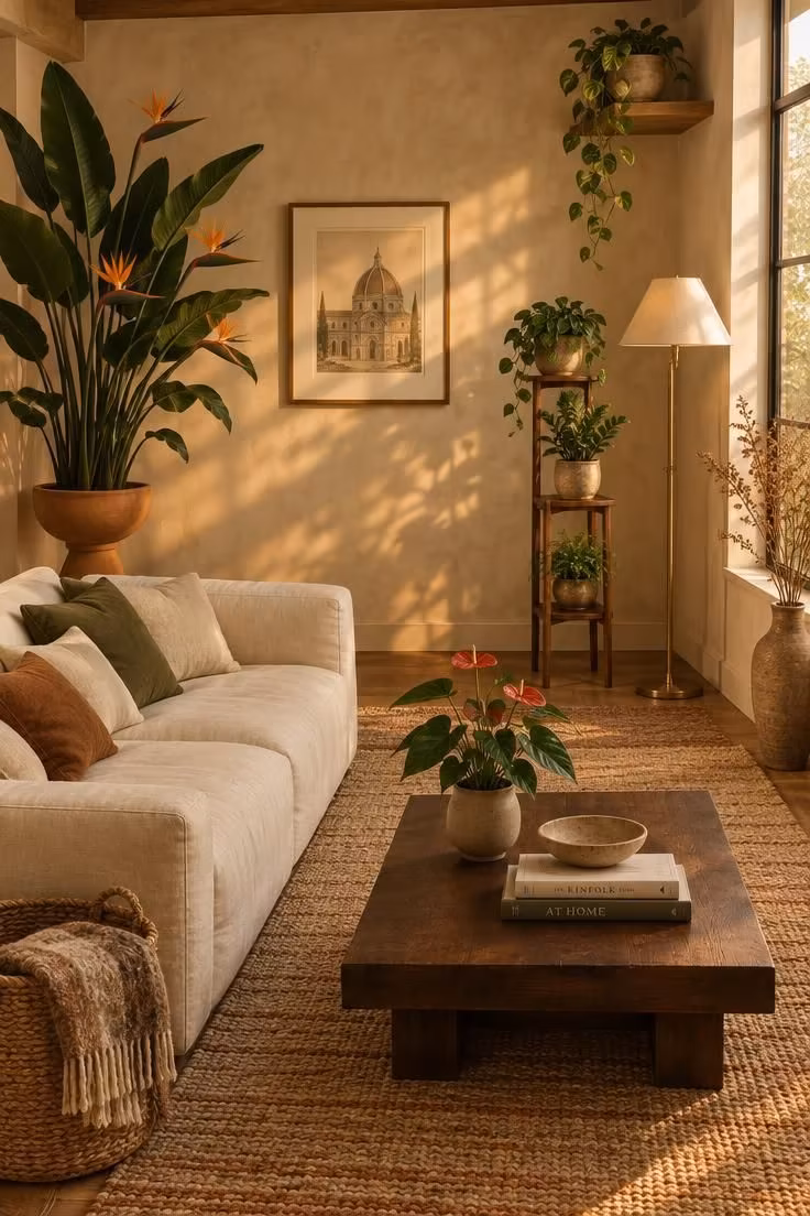 Simple Spaces 16 A warm late-afternoon living room with one large bird of paradise in a terracotta pedestal planter, two medium plants on a walnut stand, a small anthurium, and a trailing pothos, all arranged around a cream sofa and a framed print.