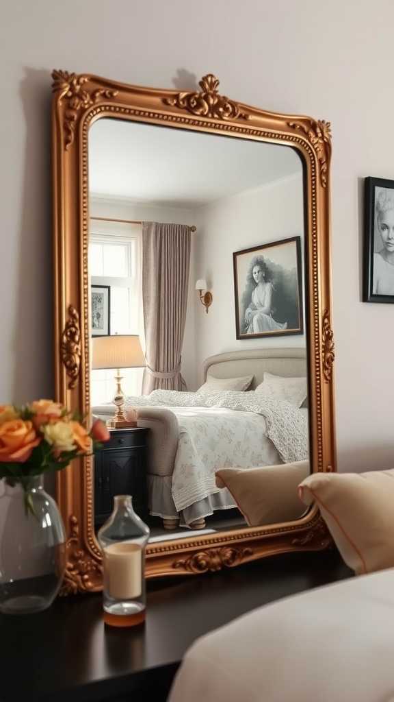 A decorative mirror with an ornate golden frame reflecting a stylish bedroom.