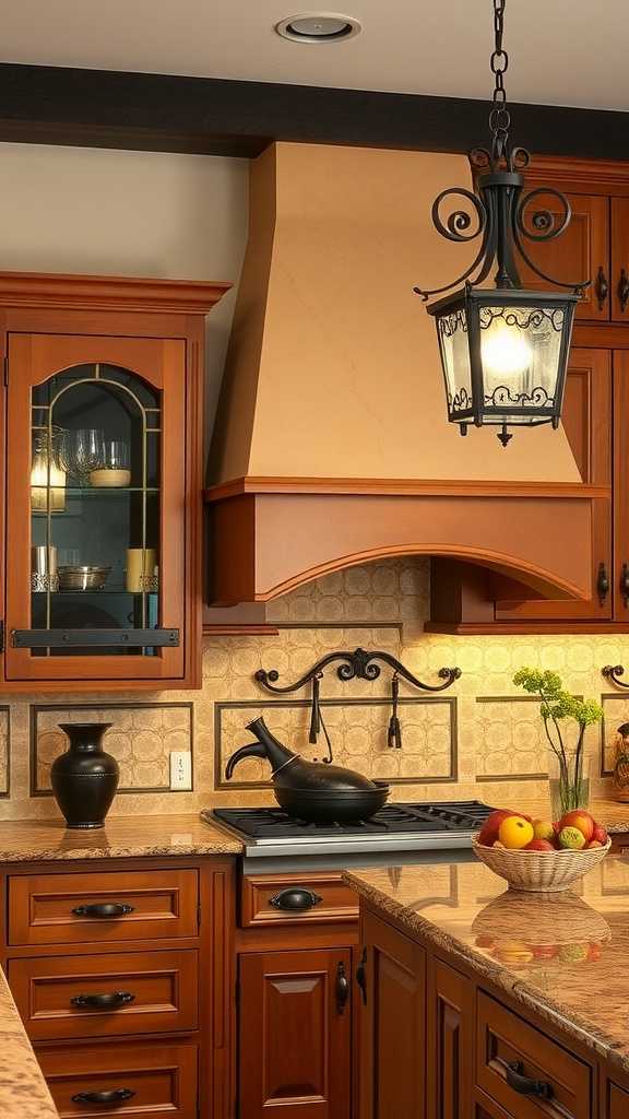 A beautifully designed Spanish Mediterranean kitchen featuring dark wood cabinets and wrought iron accents.