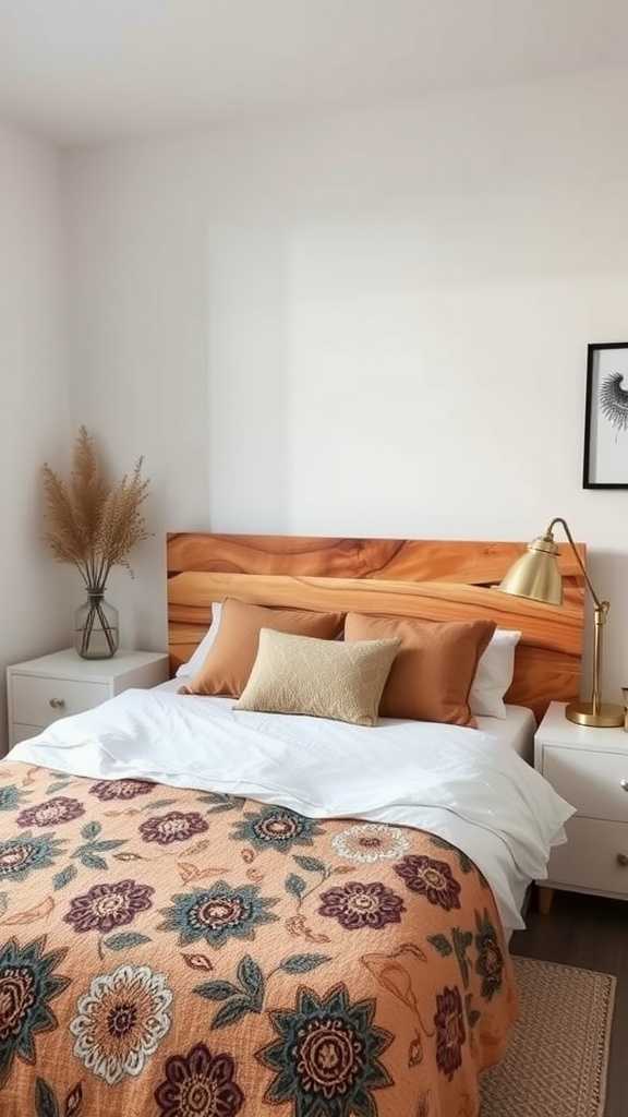 Cozy small bedroom featuring a custom wooden headboard and colorful bedding.