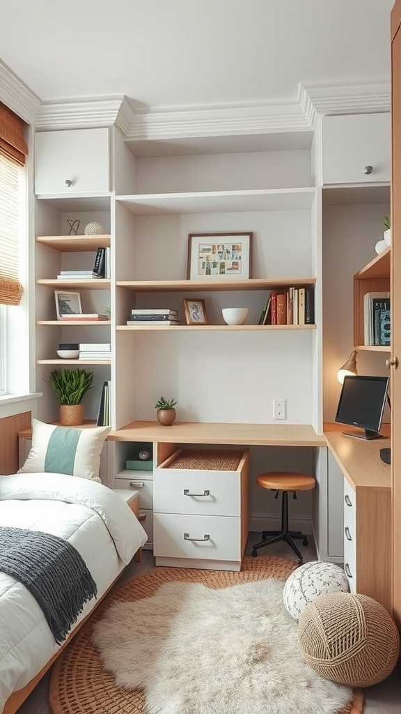 A cozy small bedroom featuring built-in furniture, including a desk and shelves.