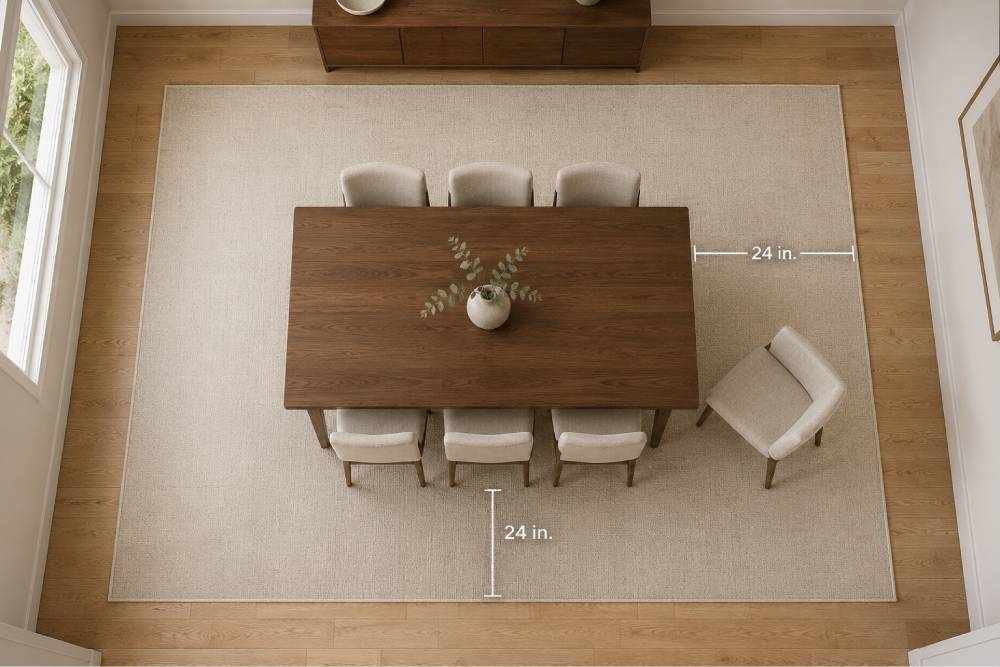 Rug Size Calculator and Room-by-Room Rug Sizing Guide 3 Top-down view of a dining room showing a rectangular table for six on an area rug, with one chair pulled out to show it still sits fully on the rug, measurement lines marking 24 inches of clearance from the table edge to the rug border on all sides, and a visible strip of hardwood floor between the rug edge and the walls.