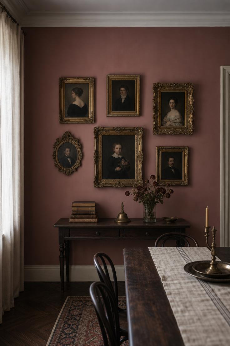 15 Bold Dining Room Wall Decor Ideas to Try This Year 2 Salon-style vintage oil portraits in gold frames on a dusty rose dining room wall