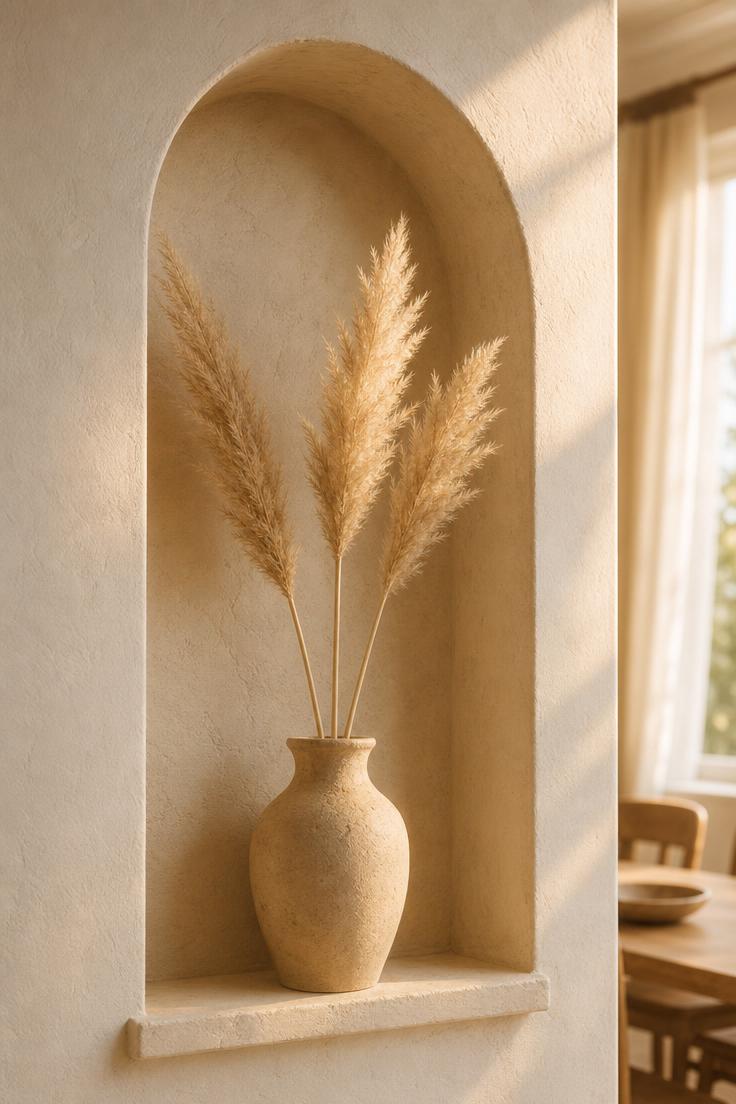 15 Bold Dining Room Wall Decor Ideas to Try This Year 3 Arched plaster niche with a handmade ceramic vase and dried pampas in a dining room wall