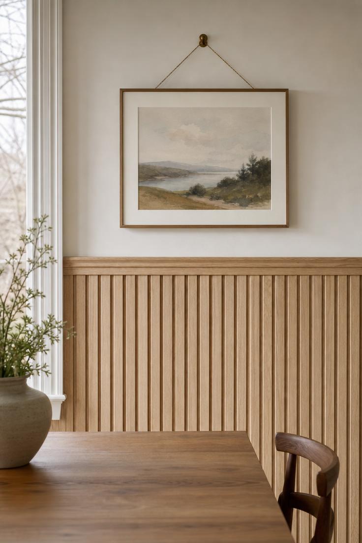 15 Bold Dining Room Wall Decor Ideas to Try This Year 9 White oak fluted wainscoting panels with picture rail in a Scandinavian-style dining room