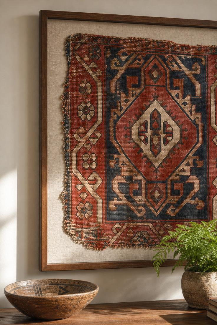 15 Bold Dining Room Wall Decor Ideas to Try This Year 11 Framed antique kilim textile fragment on raw linen backing in a dining room
