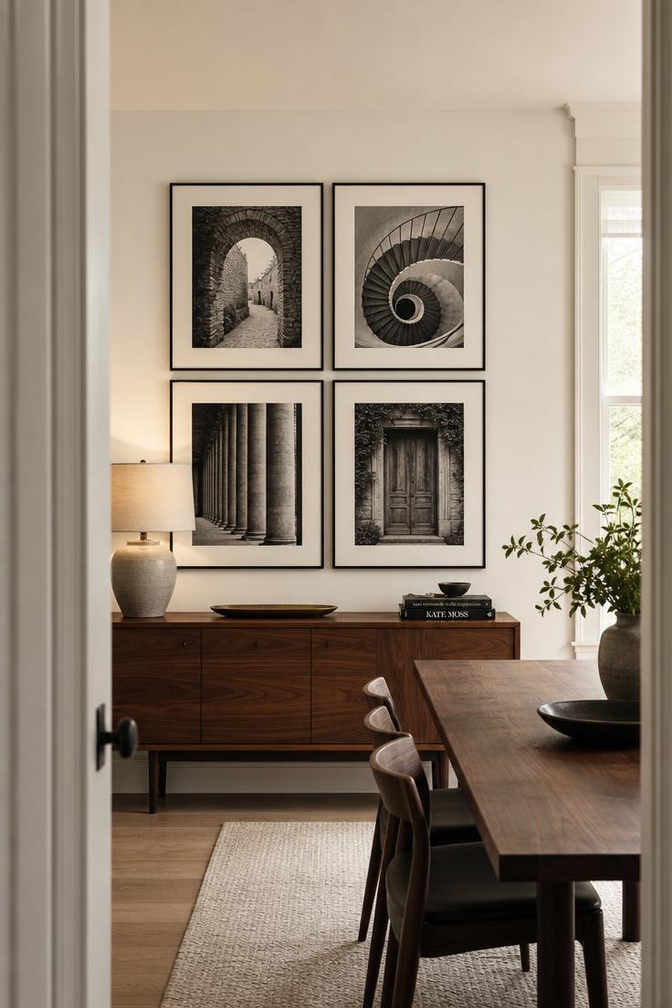 15 Bold Dining Room Wall Decor Ideas to Try This Year 12 Grid of four large black and white architectural photographs above a walnut buffet