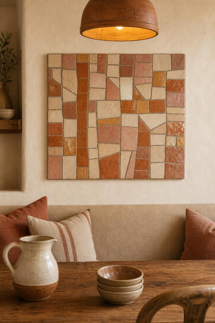 15 Bold Dining Room Wall Decor Ideas to Try This Year 14 Handmade ceramic tile mosaic in terracotta and cream above a dining room banquette
