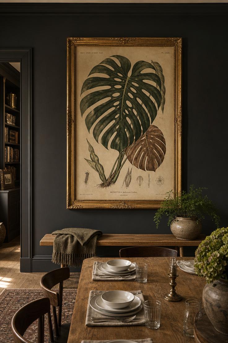 15 Bold Dining Room Wall Decor Ideas to Try This Year 15 Oversized botanical print in a gilded frame on a charcoal dining room wall