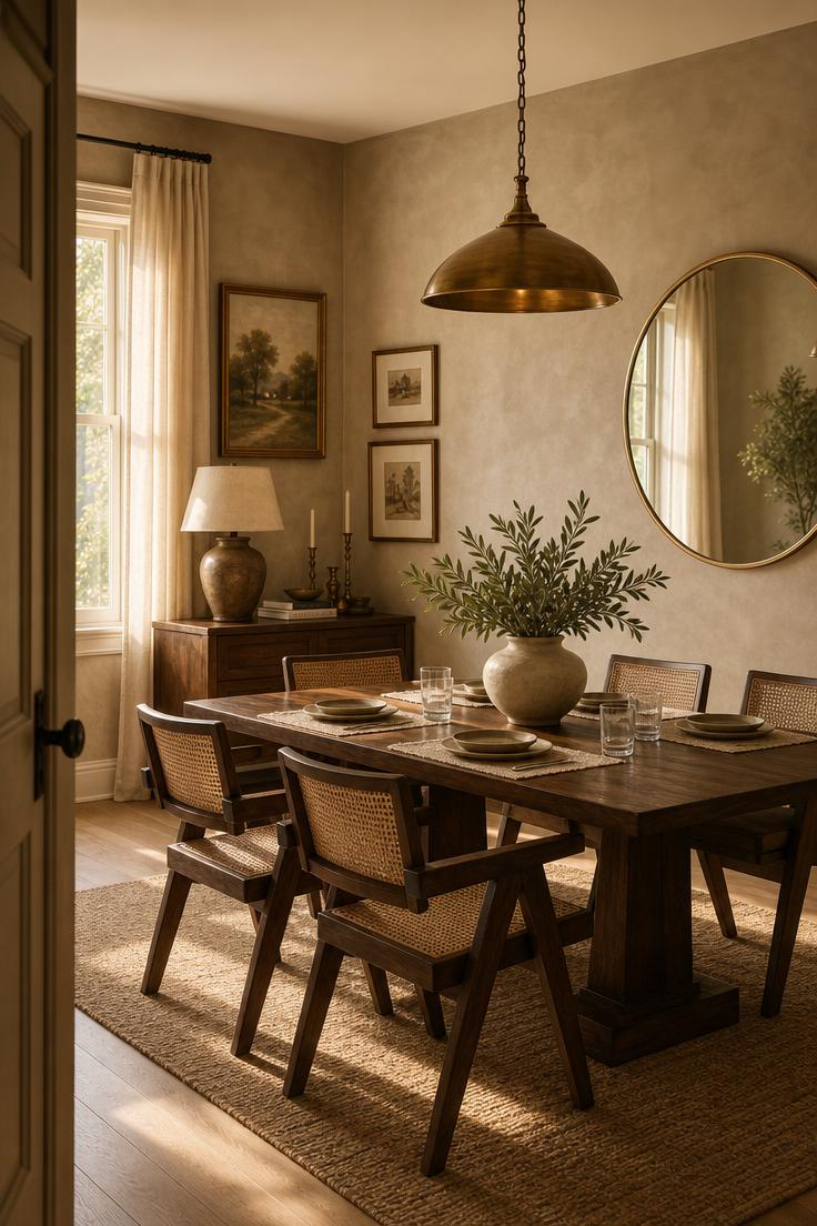 A warm and inviting dining room with Venetian plaster walls, brass mirror, walnut table, and collected decor details
