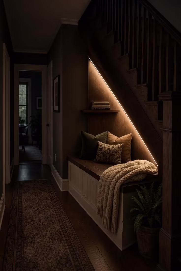 10 Cozy DIY Reading Nook Ideas You Can Build Today 1 A DIY plywood reading bench built into the space beneath a staircase with LED strip lighting and a cable-knit throw