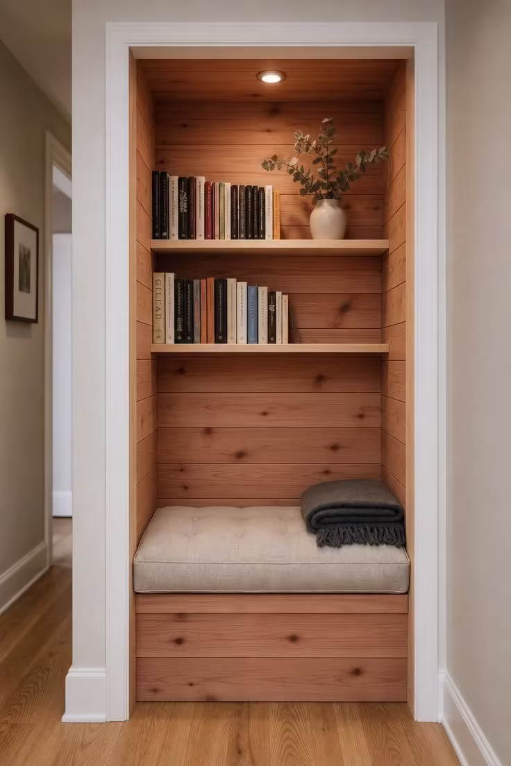 10 Cozy DIY Reading Nook Ideas You Can Build Today 2 A hallway closet converted into a reading nook with cedar plank walls, a linen tufted cushion, and a battery puck light