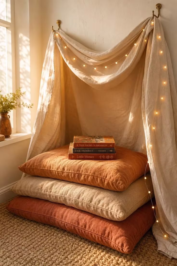 10 Cozy DIY Reading Nook Ideas You Can Build Today 3 A canvas drop cloth canopy draped from ceiling hooks over layered floor cushions in earthy tones with string lights