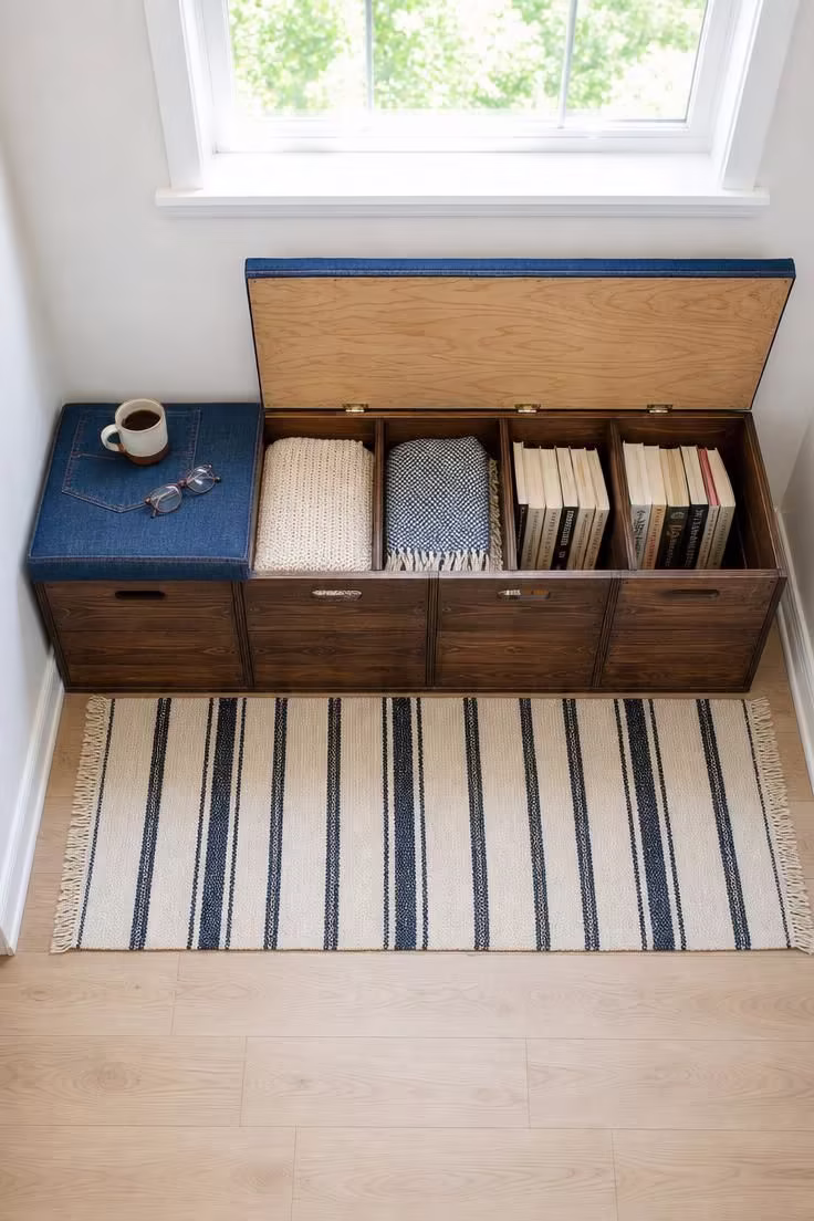 10 Cozy DIY Reading Nook Ideas You Can Build Today 4 Overhead view of a DIY pine crate bench with a hinged storage lid, denim cushion covers, and bright midday light