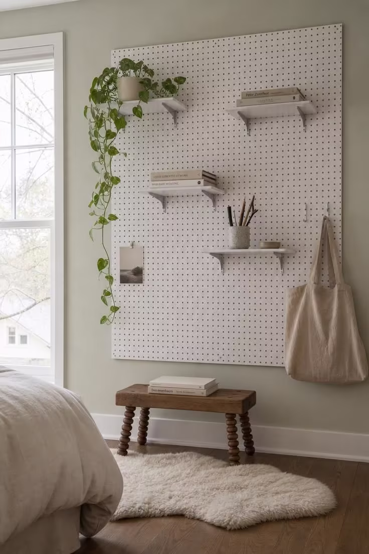 10 Cozy DIY Reading Nook Ideas You Can Build Today 5 A white pegboard wall with adjustable shelves holding books and a pothos plant, a low stool on a sheepskin rug below