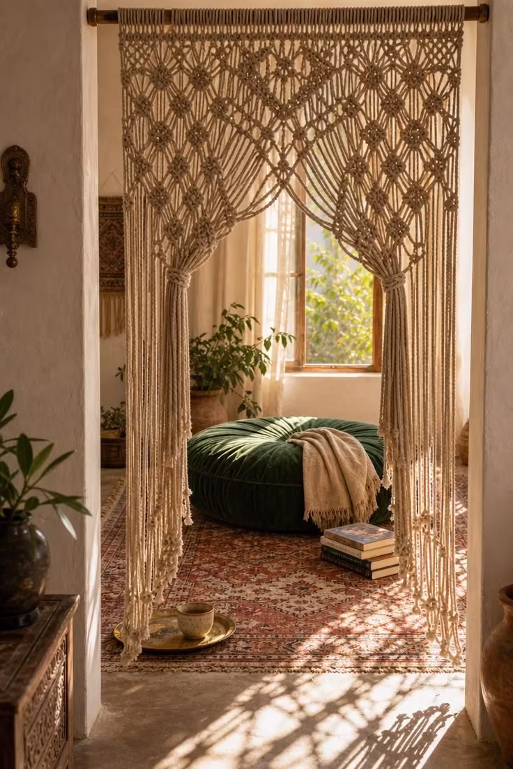 10 Cozy DIY Reading Nook Ideas You Can Build Today 6 A macramé curtain partition framing a forest green velvet floor pouf with warm golden light and a Persian rug