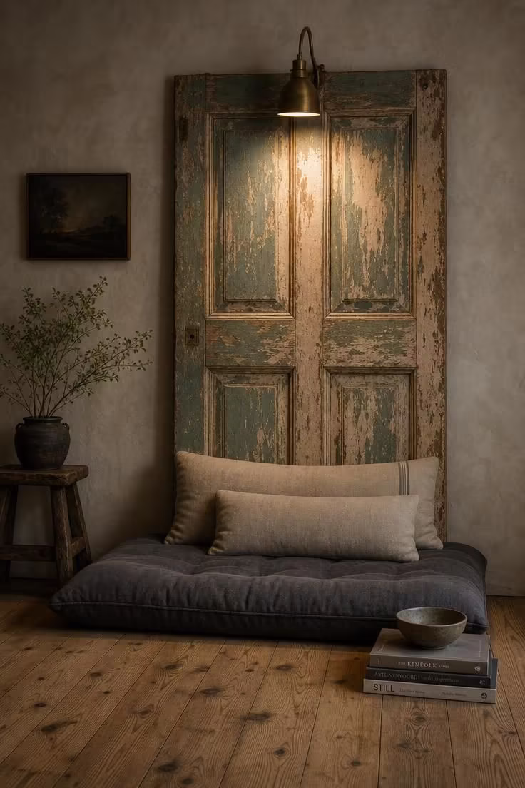 10 Cozy DIY Reading Nook Ideas You Can Build Today 8 A salvaged paneled door mounted as a headboard against a limewashed wall with a low daybed cushion and clip-on reading lamp