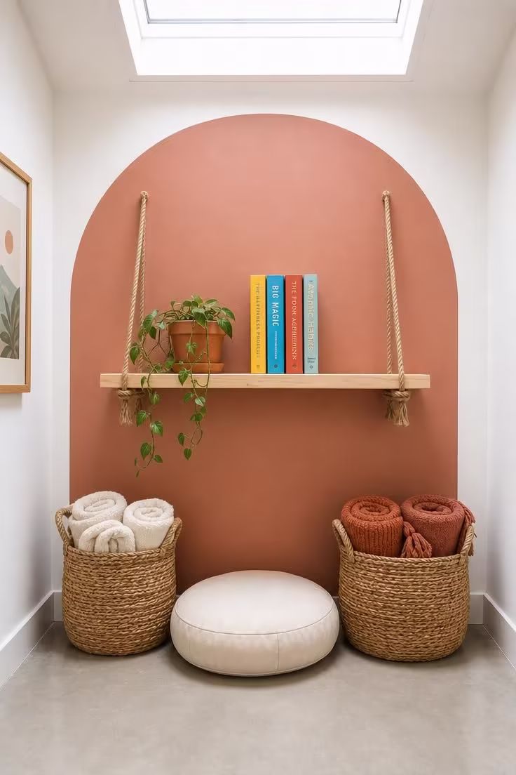 10 Cozy DIY Reading Nook Ideas You Can Build Today 9 A painted terracotta arch on a wall framing a rope swing shelf with books, woven baskets, and a floor cushion