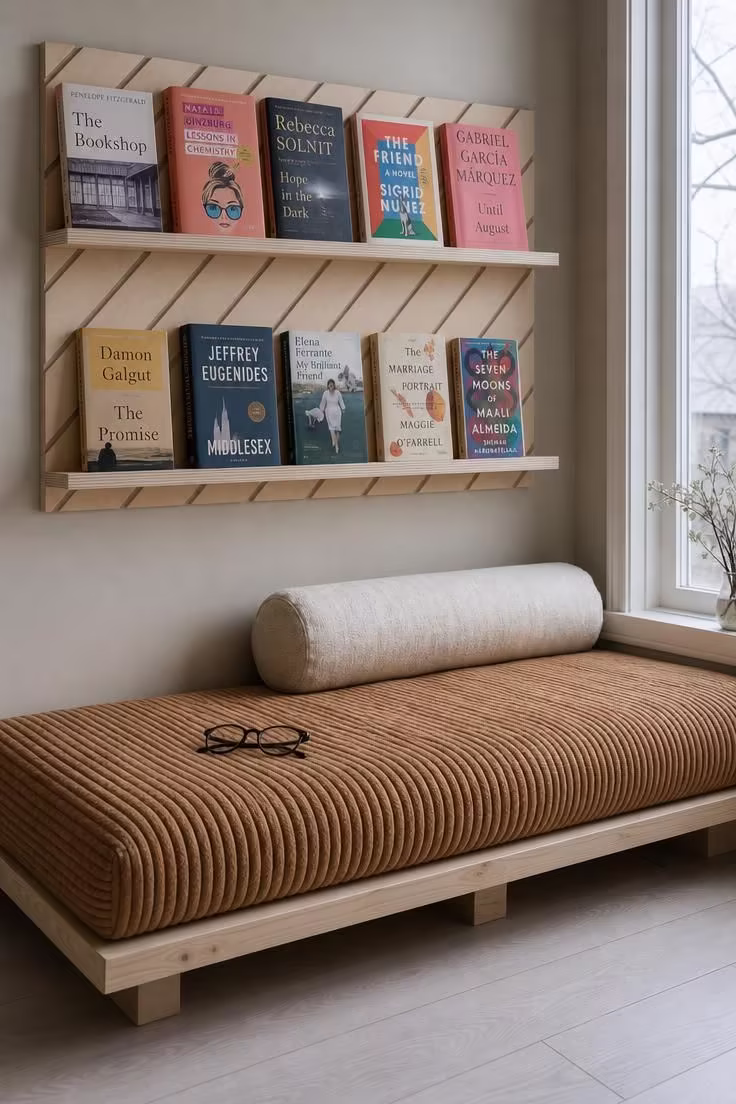 10 Cozy DIY Reading Nook Ideas You Can Build Today 10 French cleat book ledges on a birch plywood wall system with a camel corduroy bolster seat and cool overcast light