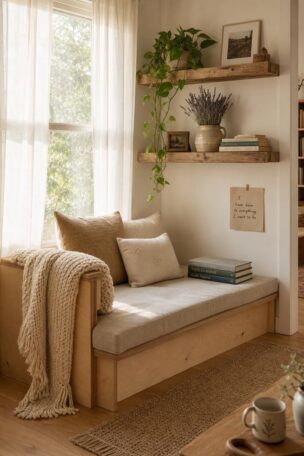 A sunlit DIY reading nook with a birch plywood bench, linen cushion, floating shelves, and a knitted throw in a bright living room corner