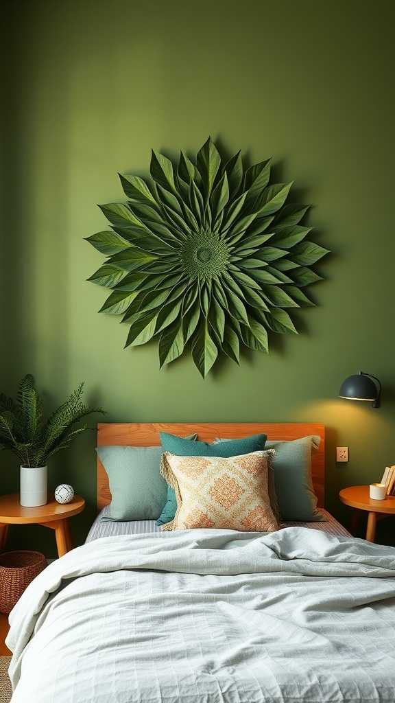 A cozy olive green bedroom featuring DIY wall art made of leaves, a wooden bed with decorative pillows, and a small plant.