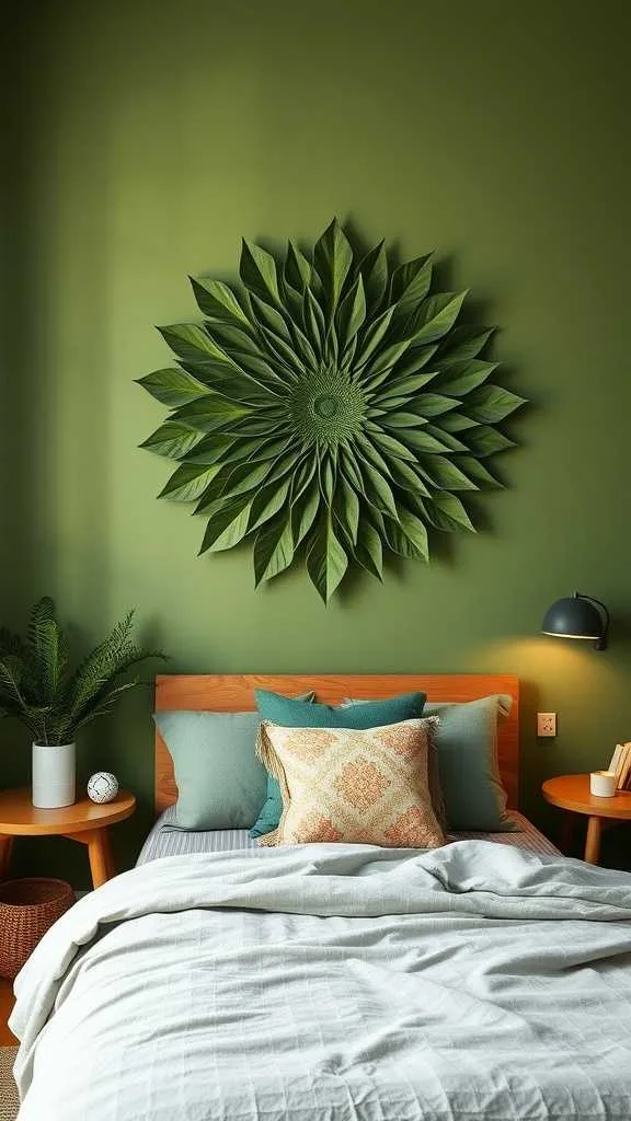 21 Stunning Olive Green Bedroom Ideas for a Cozy Retreat 15 A cozy olive green bedroom featuring DIY wall art made of leaves, a wooden bed with decorative pillows, and a small plant.