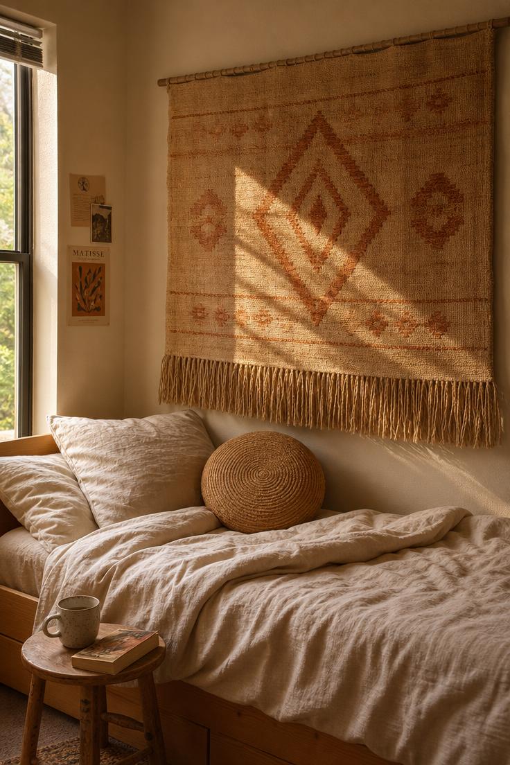A woven jute tapestry in sand and terracotta tones hanging above a linen-covered daybed in a dorm room with golden afternoon light.
