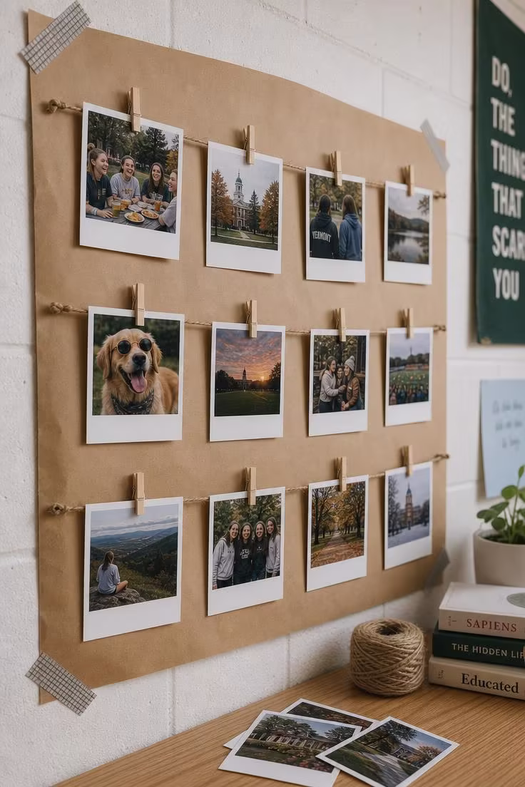 A Polaroid photo grid clipped to twine rows on brown kraft paper on a dorm wall with cool morning light.