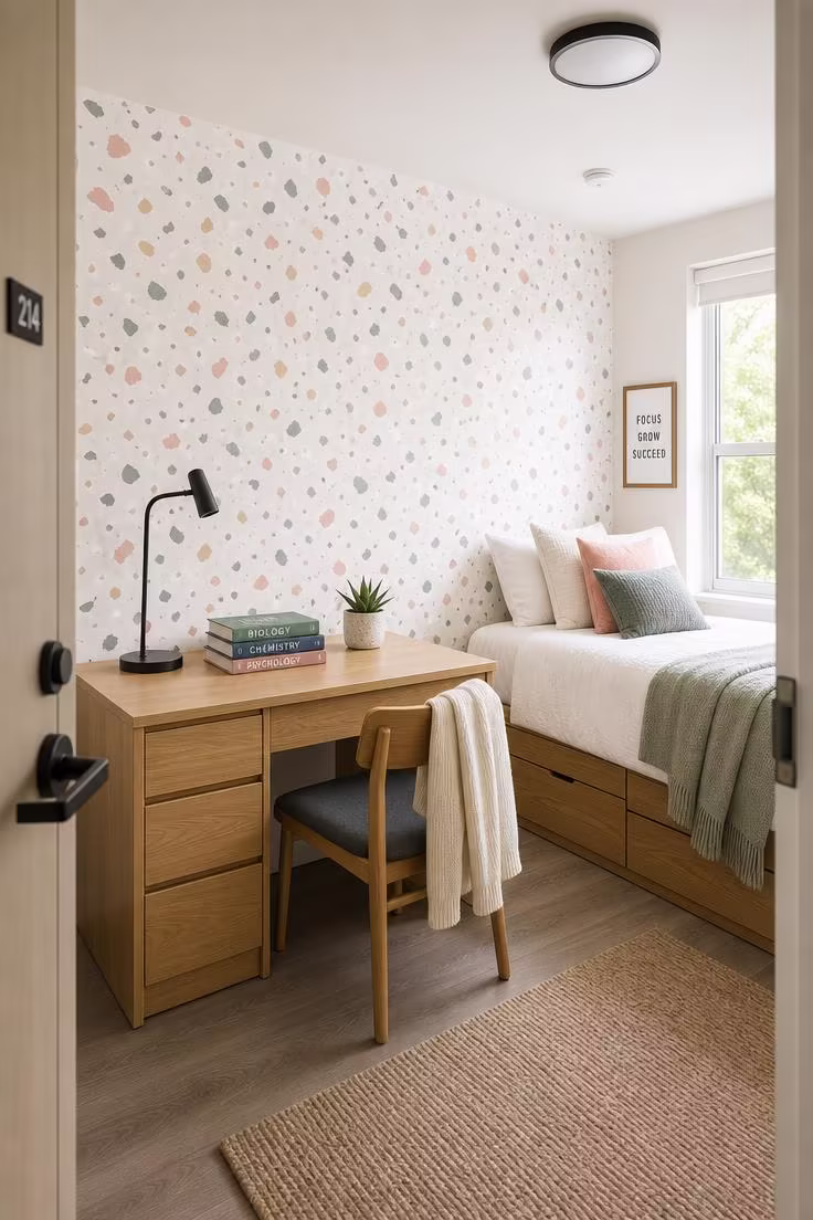 A peel-and-stick terrazzo wallpaper accent wall behind a wooden desk in a bright dorm room seen from the doorway.