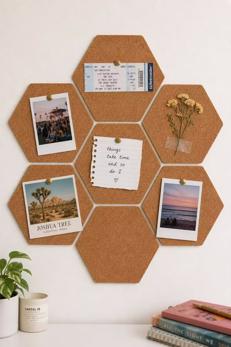 Hexagonal cork tiles in a honeycomb pattern on a dorm wall with pinned photos, a postcard, and a pressed flower.