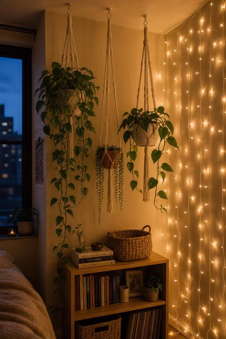 Three macramé plant hangers with trailing pothos and string of pearls beside a cascade of warm fairy lights in a dim dorm room corner.
