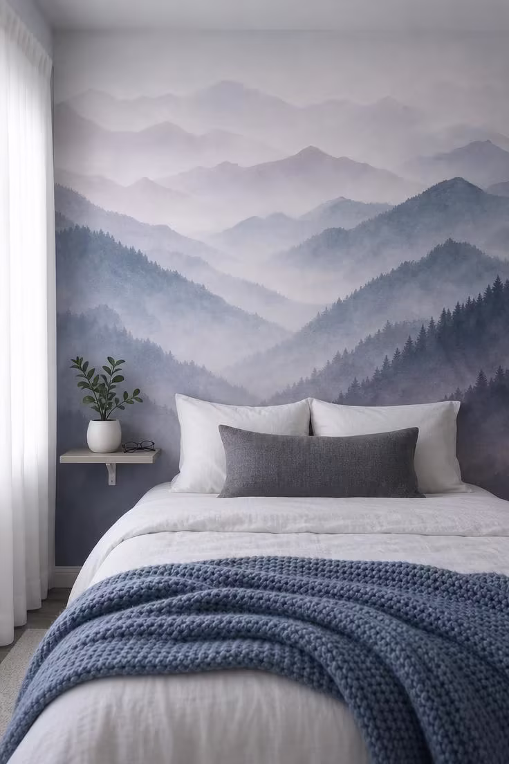 A peel-and-stick mural of misty blue-gray mountains covering the headboard wall of a dorm room with a white bed in the foreground.