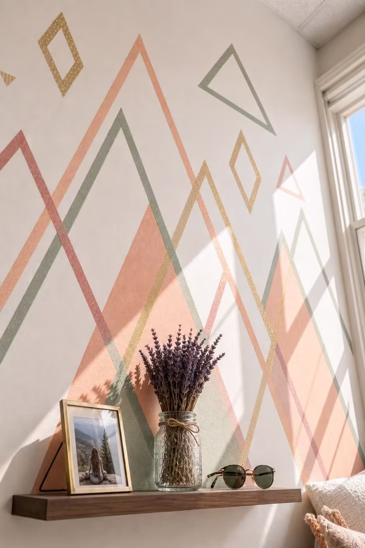 Geometric washi tape shapes in muted pastels arranged on a dorm room wall with bright midday light.