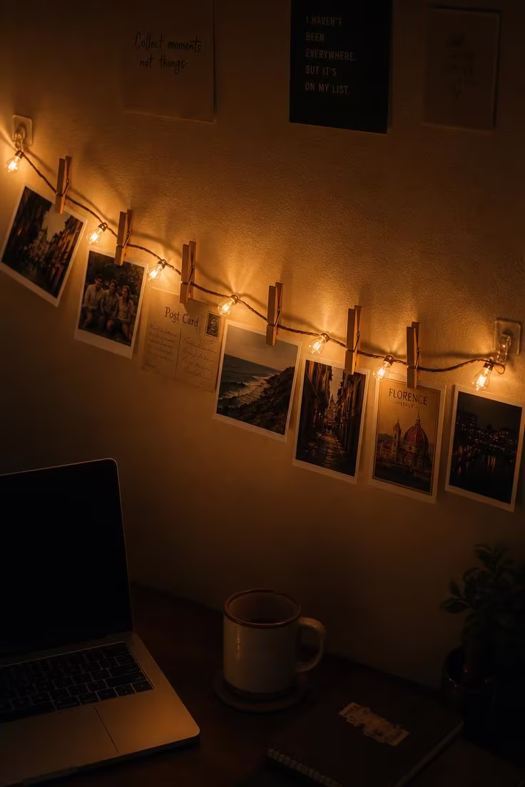 A clothespin photo string with Edison-bulb fairy lights glowing amber against a dim dorm room wall seen from a slight overhead angle.
